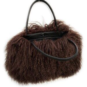 ✨ Finiluo Leather Handles Women Brown Luxury Mongolian Flush Wool Fur Handbag